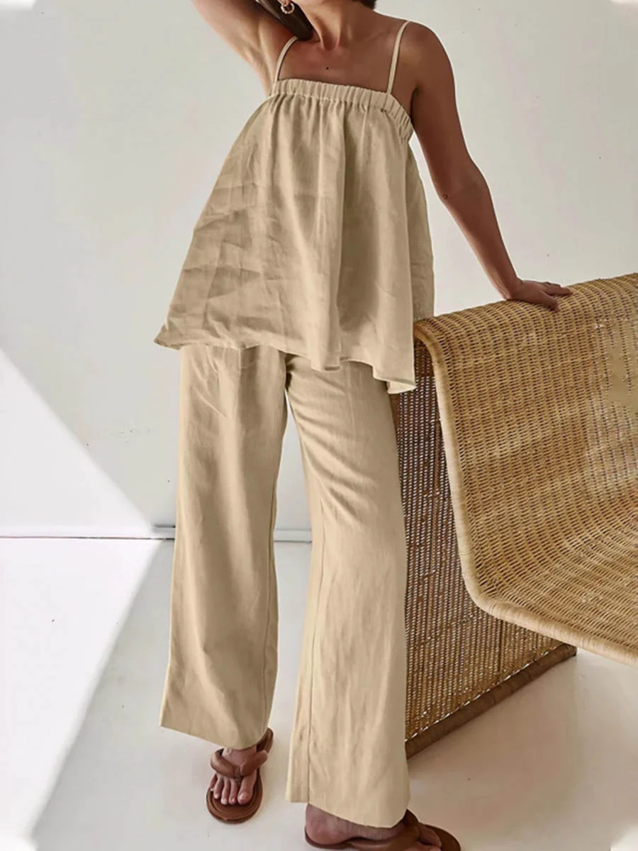 High Waisted Loose Elasticity Solid Color Spaghetti-Neck Vest Top +Pants Bottom Suits - Image 2
