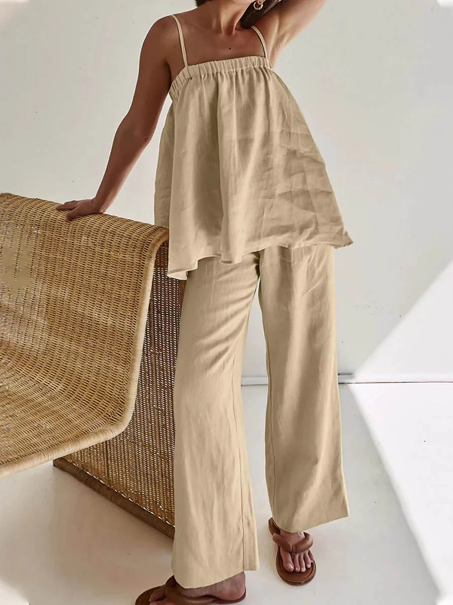 High Waisted Loose Elasticity Solid Color Spaghetti-Neck Vest Top +Pants Bottom Suits - Image 3