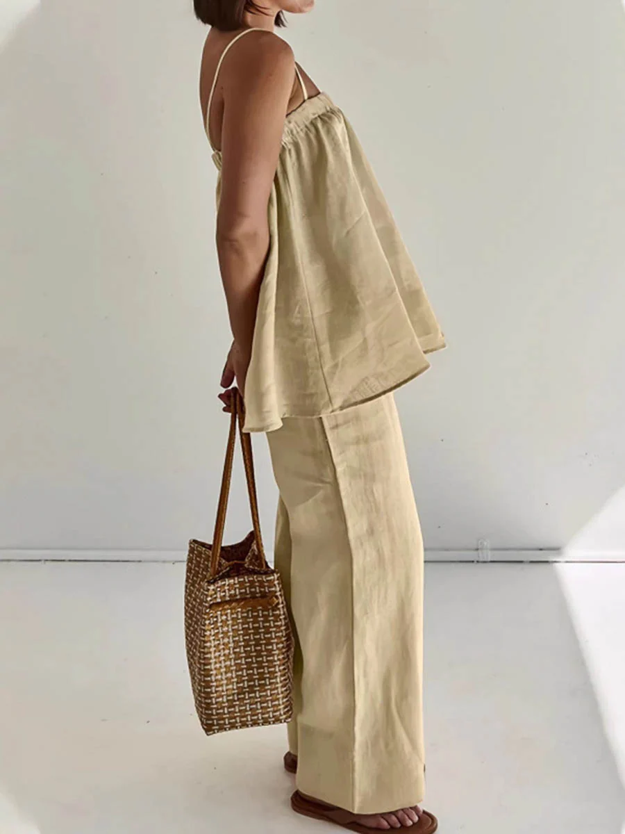 High Waisted Loose Elasticity Solid Color Spaghetti-Neck Vest Top +Pants Bottom Suits - Image 4