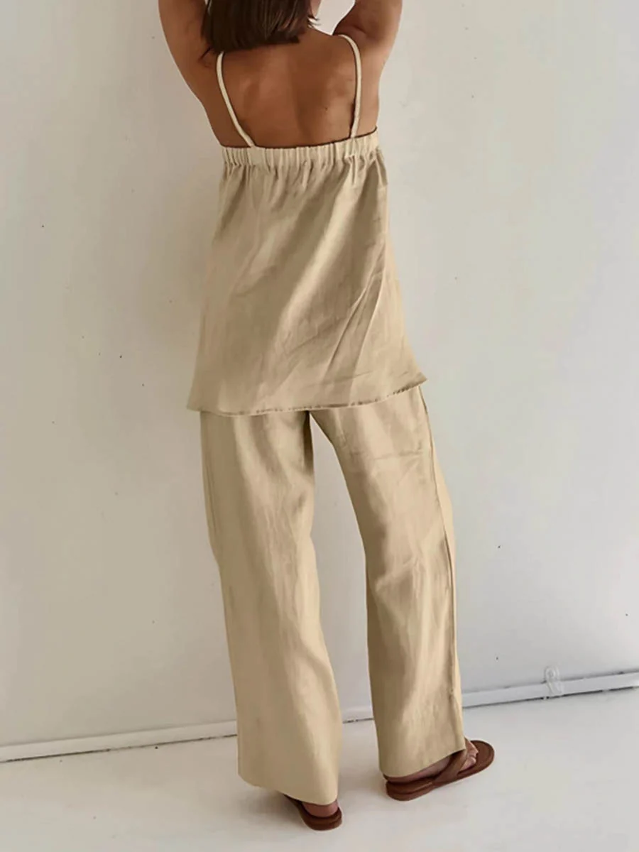 High Waisted Loose Elasticity Solid Color Spaghetti-Neck Vest Top +Pants Bottom Suits - Image 5