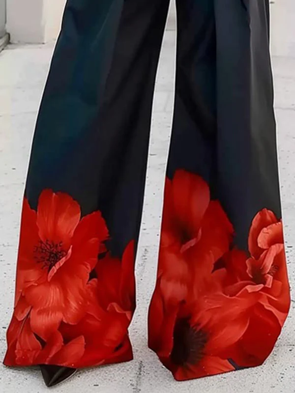 High Waisted Loose Floral Printed Pleated Split-Joint Pants Trousers - Image 3