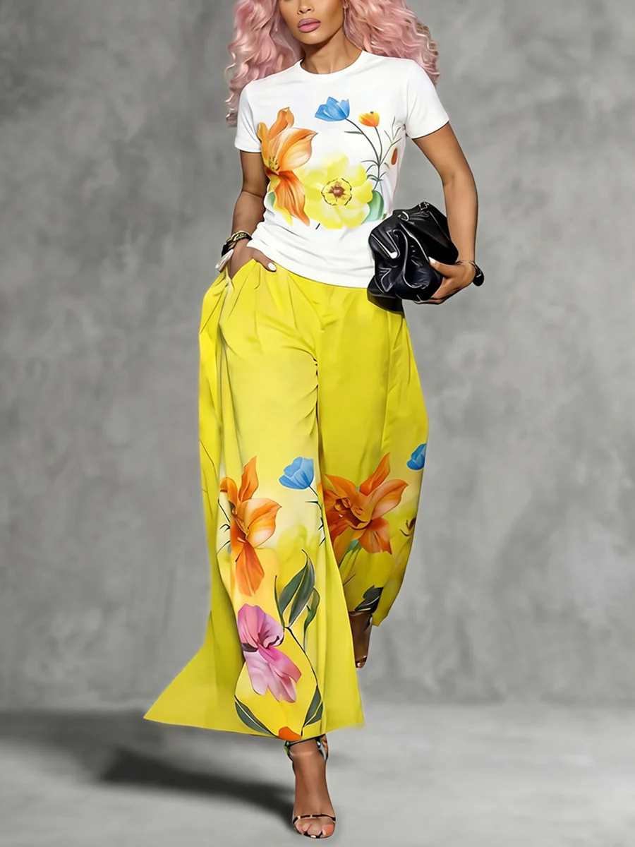 High Waisted Loose Flower Print Pockets Solid Color Pants Trousers - Image 2