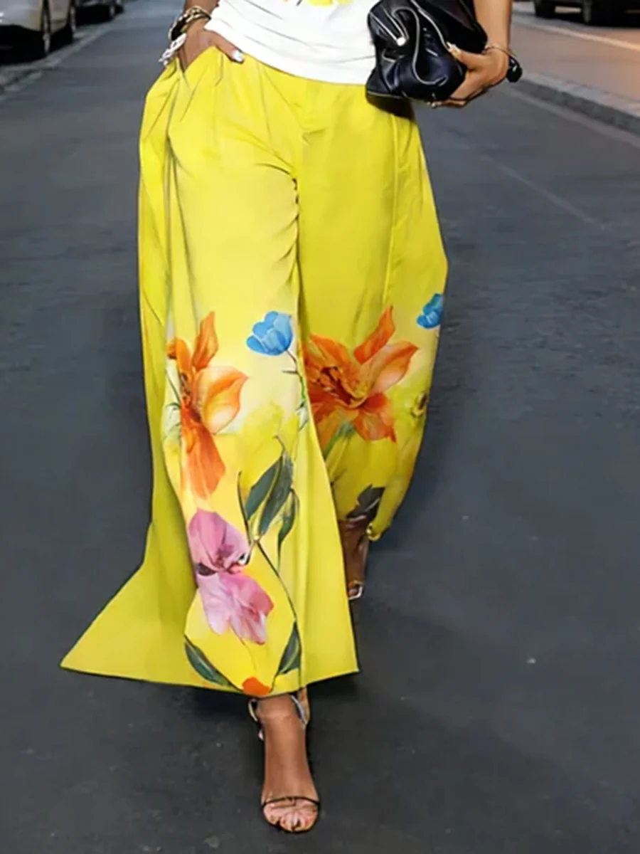 High Waisted Loose Flower Print Pockets Solid Color Pants Trousers - Image 3