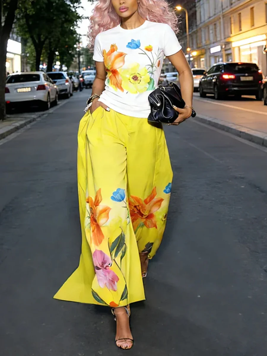 High Waisted Loose Flower Print Pockets Solid Color Pants Trousers - Image 4