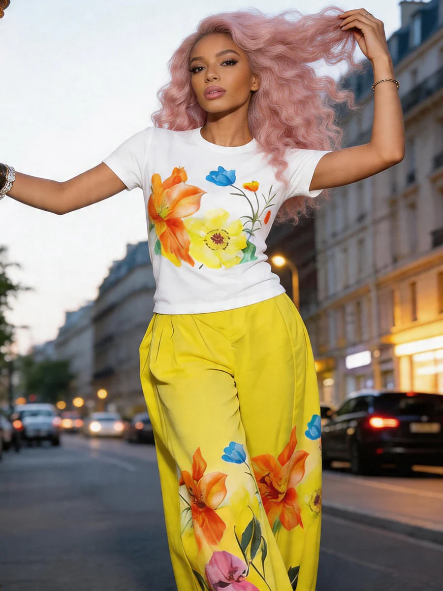 High Waisted Loose Flower Print Pockets Solid Color Pants Trousers - Image 7