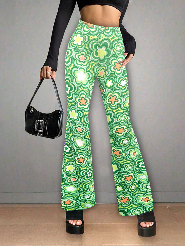 High Waisted Loose Flower Print Split-Joint Flared Trousers Pants - Image 2