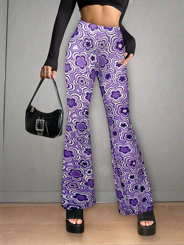 High Waisted Loose Flower Print Split-Joint Flared Trousers Pants - Image 3