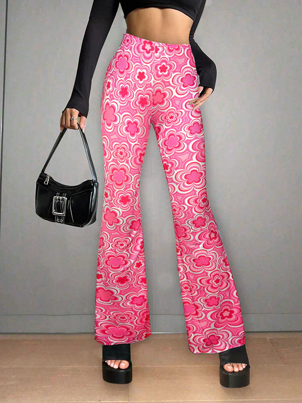 High Waisted Loose Flower Print Split-Joint Flared Trousers Pants - Image 4