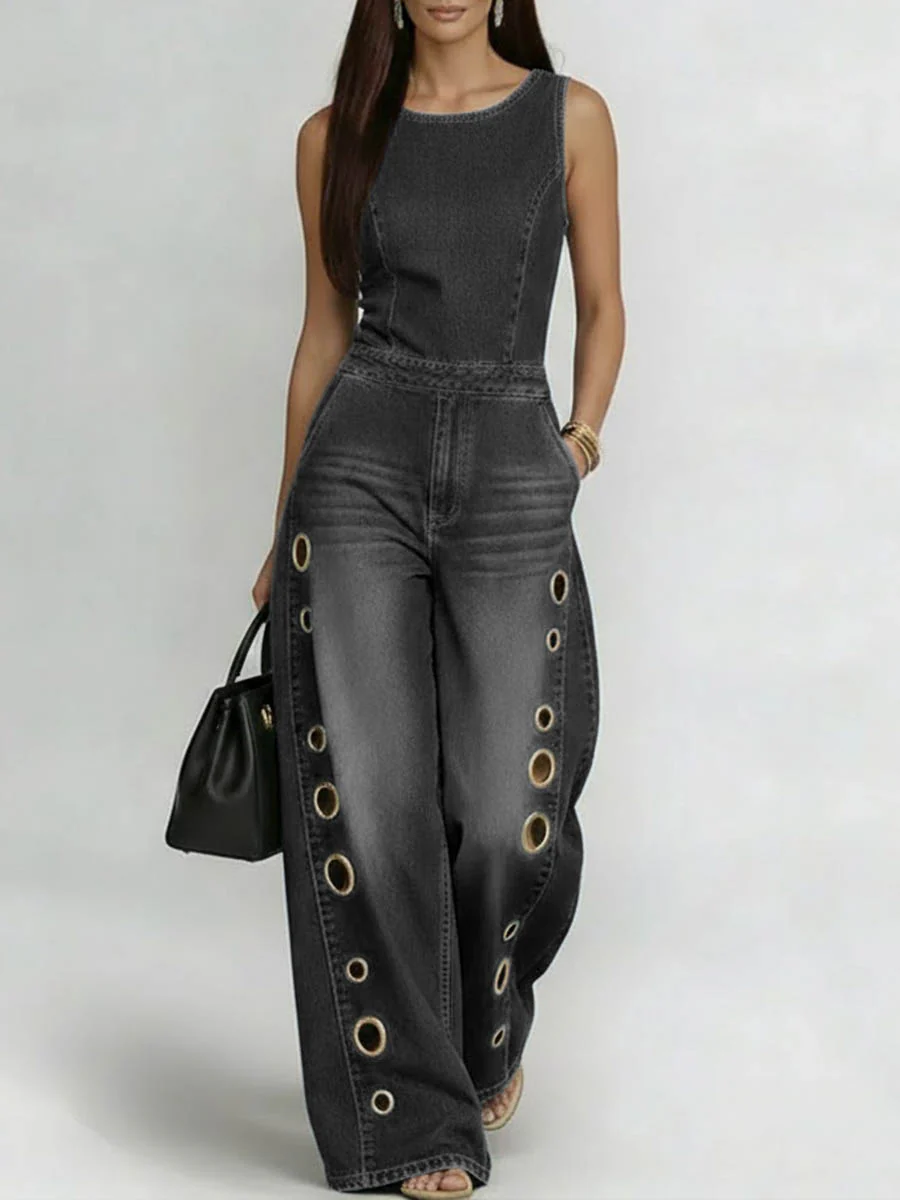 High Waisted Loose Geometric Hollow Pockets Solid Color Split-Joint Round-Neck Jumpsuits - Image 2