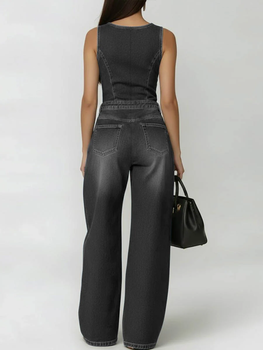 High Waisted Loose Geometric Hollow Pockets Solid Color Split-Joint Round-Neck Jumpsuits - Image 3