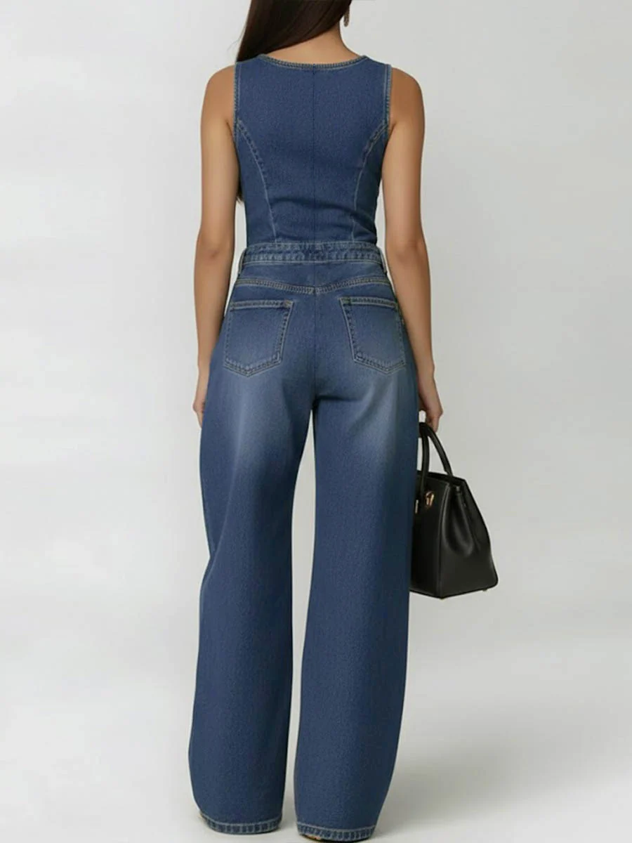 High Waisted Loose Geometric Hollow Pockets Solid Color Split-Joint Round-Neck Jumpsuits - Image 4
