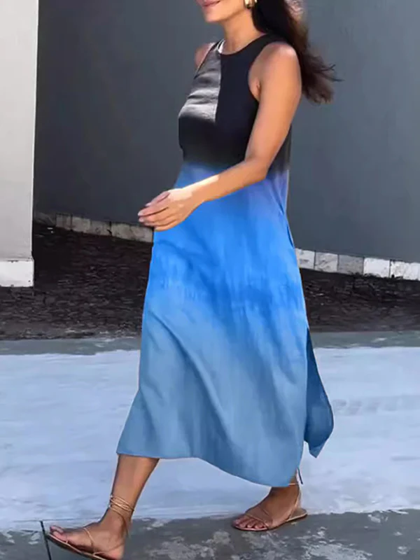High Waisted Loose Gradient Split-side Round-neck Midi Dresses - Image 2