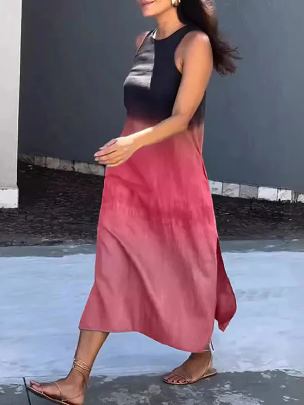 High Waisted Loose Gradient Split-side Round-neck Midi Dresses - Image 3