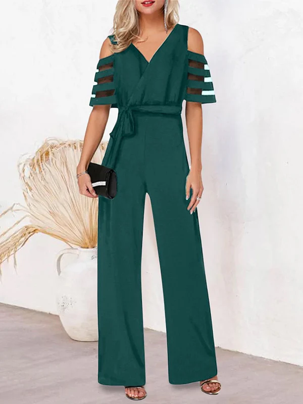 High Waisted Loose Hollow Mesh Solid Color Tied Waist V-Neck Jumpsuits - Image 10