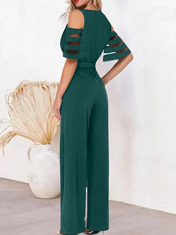 High Waisted Loose Hollow Mesh Solid Color Tied Waist V-Neck Jumpsuits - Image 11