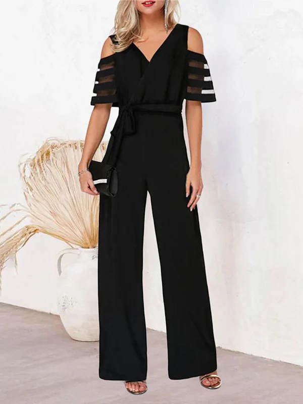 High Waisted Loose Hollow Mesh Solid Color Tied Waist V-Neck Jumpsuits - Image 12