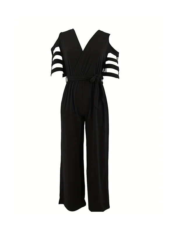 High Waisted Loose Hollow Mesh Solid Color Tied Waist V-Neck Jumpsuits - Image 13