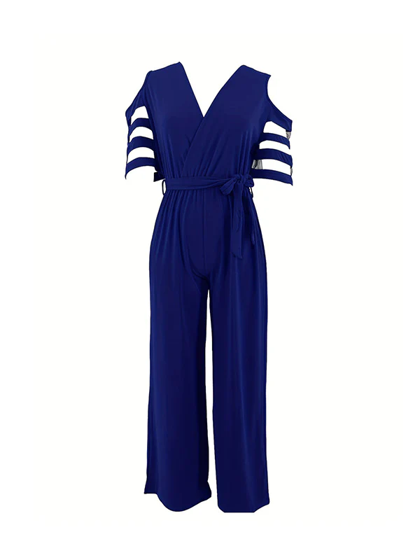High Waisted Loose Hollow Mesh Solid Color Tied Waist V-Neck Jumpsuits - Image 14