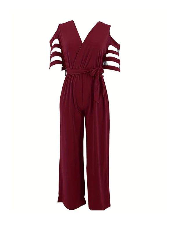 High Waisted Loose Hollow Mesh Solid Color Tied Waist V-Neck Jumpsuits - Image 15