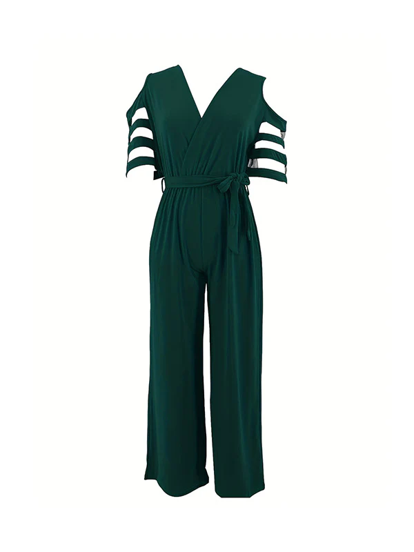 High Waisted Loose Hollow Mesh Solid Color Tied Waist V-Neck Jumpsuits - Image 16