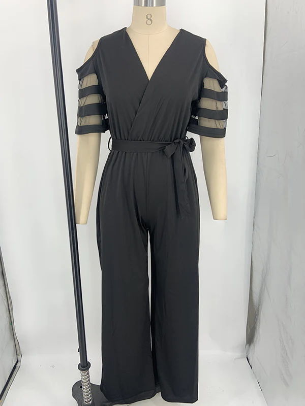 High Waisted Loose Hollow Mesh Solid Color Tied Waist V-Neck Jumpsuits - Image 17