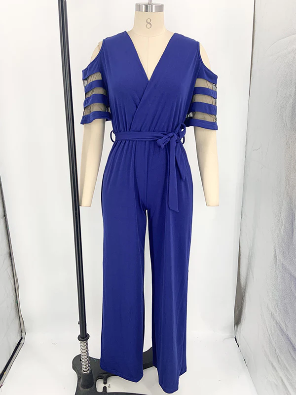 High Waisted Loose Hollow Mesh Solid Color Tied Waist V-Neck Jumpsuits - Image 18