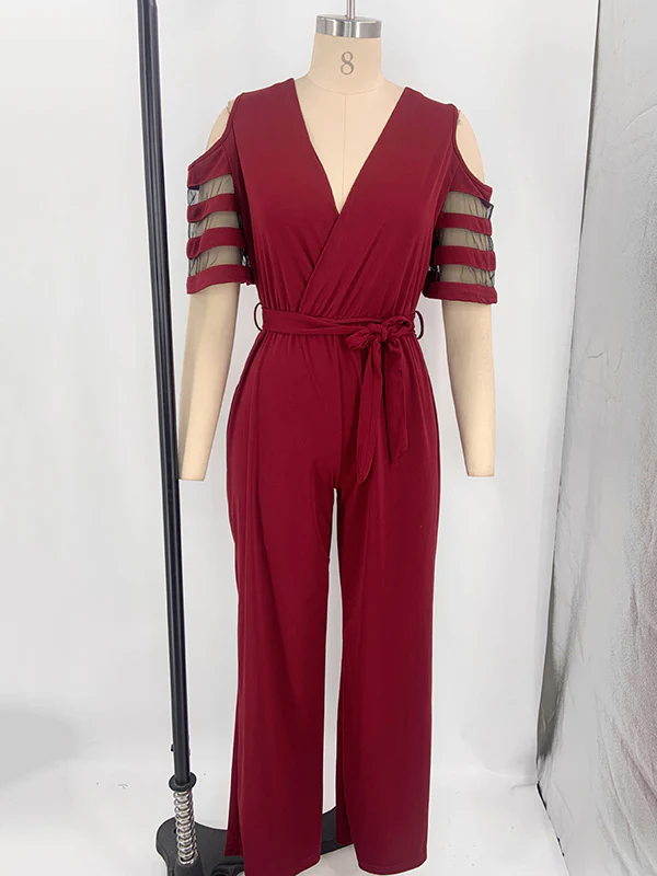 High Waisted Loose Hollow Mesh Solid Color Tied Waist V-Neck Jumpsuits - Image 19