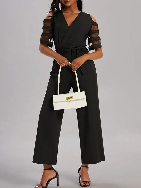 High Waisted Loose Hollow Mesh Solid Color Tied Waist V-Neck Jumpsuits - Image 2