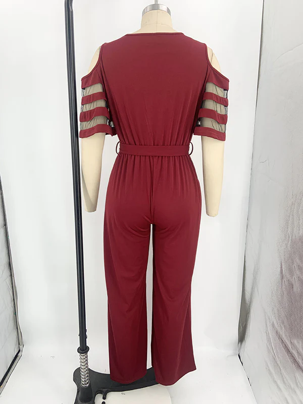 High Waisted Loose Hollow Mesh Solid Color Tied Waist V-Neck Jumpsuits - Image 20