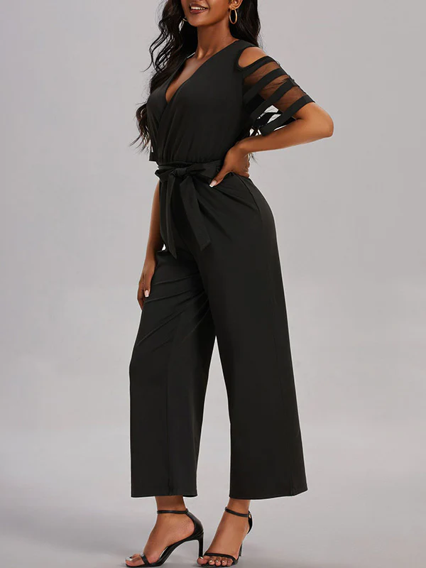 High Waisted Loose Hollow Mesh Solid Color Tied Waist V-Neck Jumpsuits - Image 3
