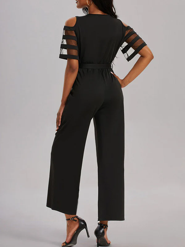 High Waisted Loose Hollow Mesh Solid Color Tied Waist V-Neck Jumpsuits - Image 4