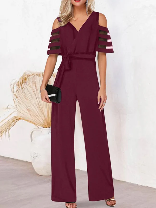 High Waisted Loose Hollow Mesh Solid Color Tied Waist V-Neck Jumpsuits - Image 5