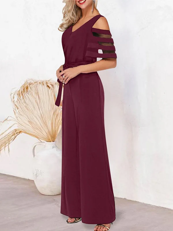 High Waisted Loose Hollow Mesh Solid Color Tied Waist V-Neck Jumpsuits - Image 6
