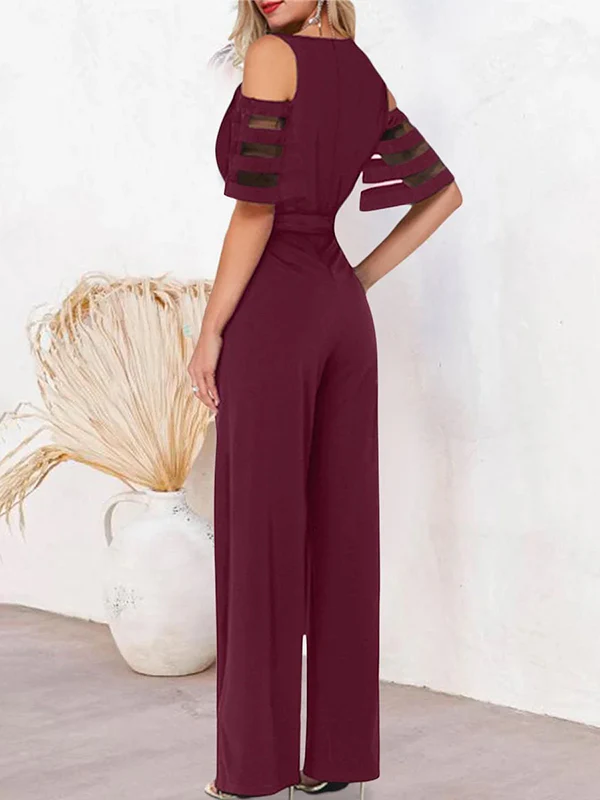 High Waisted Loose Hollow Mesh Solid Color Tied Waist V-Neck Jumpsuits - Image 7