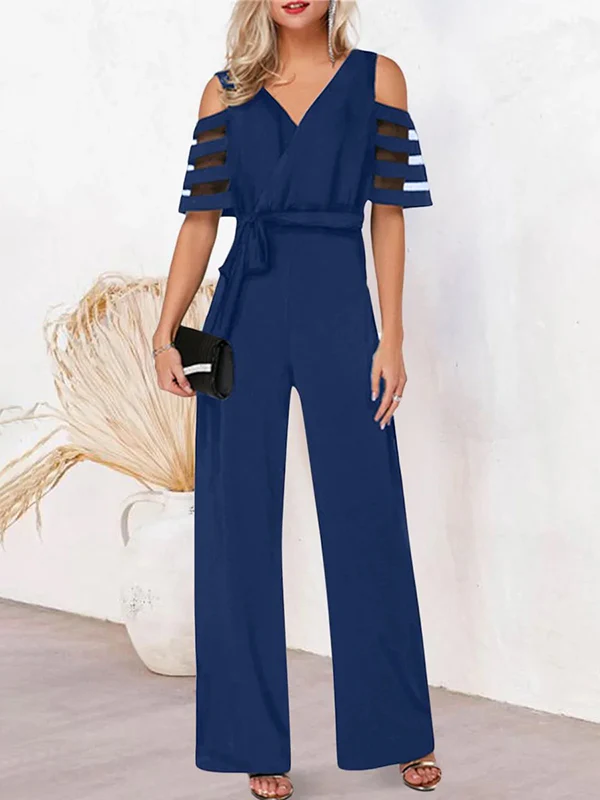 High Waisted Loose Hollow Mesh Solid Color Tied Waist V-Neck Jumpsuits - Image 8