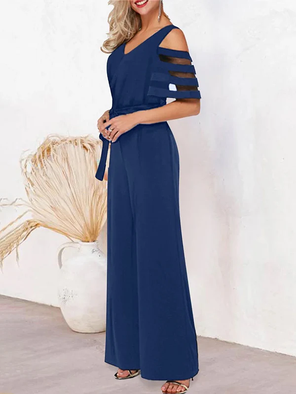 High Waisted Loose Hollow Mesh Solid Color Tied Waist V-Neck Jumpsuits - Image 9