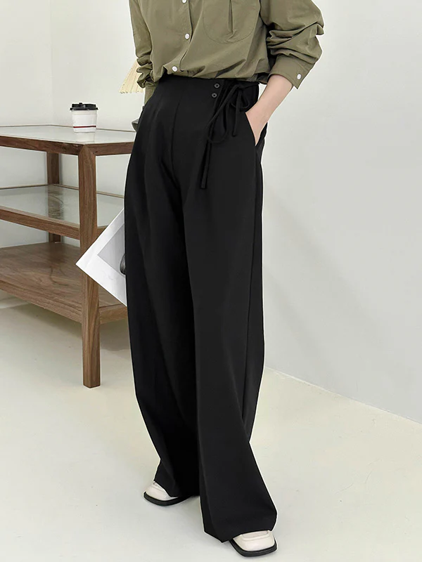 High Waisted Loose Lace-Up Pleated Solid Color Split-Joint Suit Pants Trousers - Image 2