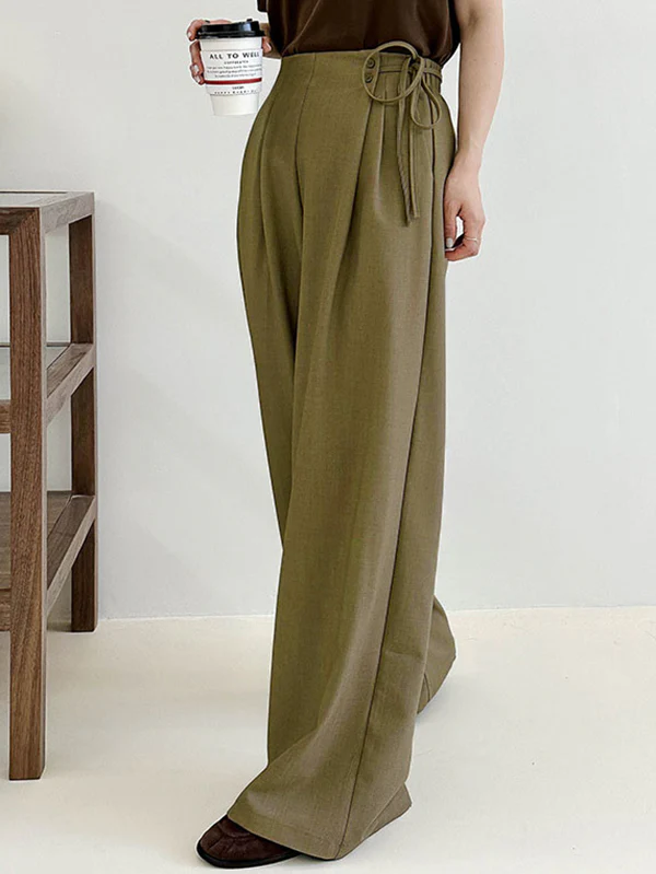 High Waisted Loose Lace-Up Pleated Solid Color Split-Joint Suit Pants Trousers - Image 3