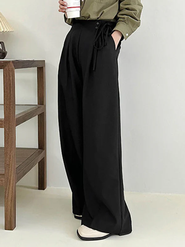 High Waisted Loose Lace-Up Pleated Solid Color Split-Joint Suit Pants Trousers - Image 4