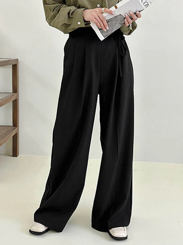 High Waisted Loose Lace-Up Pleated Solid Color Split-Joint Suit Pants Trousers - Image 5
