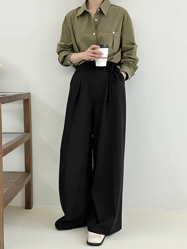 High Waisted Loose Lace-Up Pleated Solid Color Split-Joint Suit Pants Trousers - Image 6
