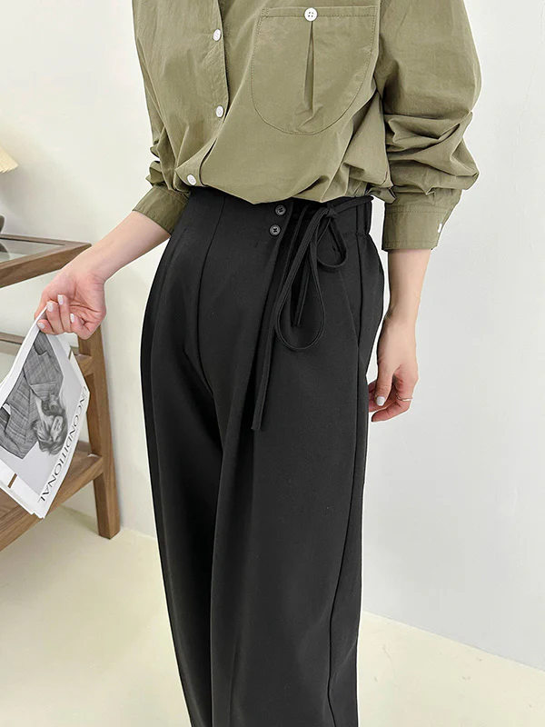 High Waisted Loose Lace-Up Pleated Solid Color Split-Joint Suit Pants Trousers - Image 8