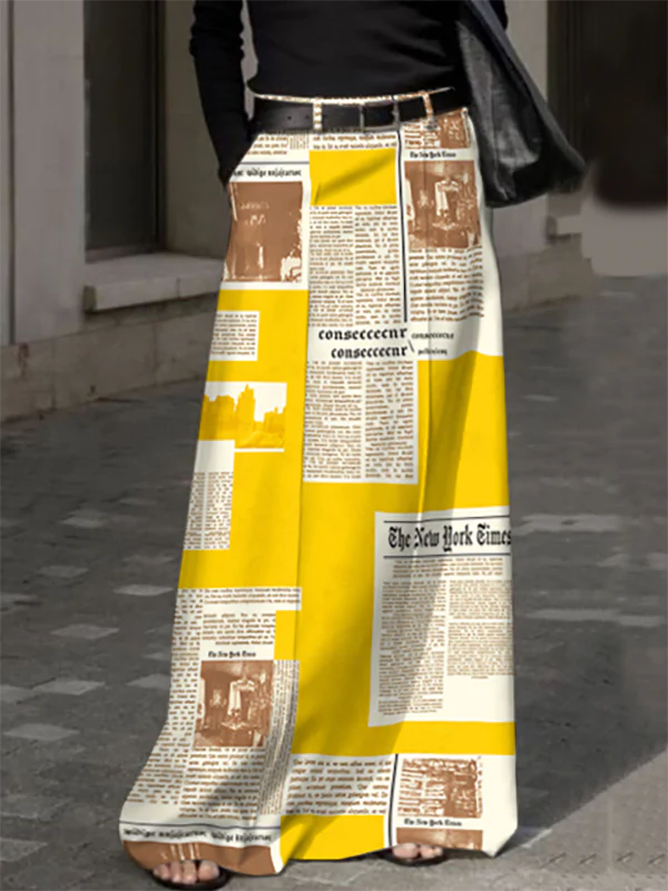 High Waisted Loose Newspaper Print Pockets Skirts Bottoms - Image 2
