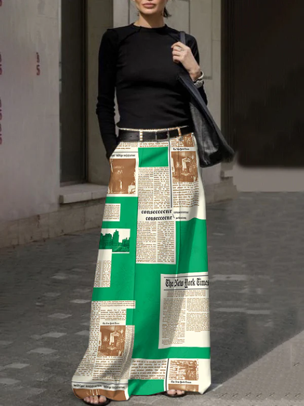 High Waisted Loose Newspaper Print Pockets Skirts Bottoms - Image 3