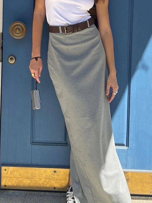 High Waisted Loose No Belt Solid Color Split-Back Split-Joint Zipper Skirts Bottoms - Image 2