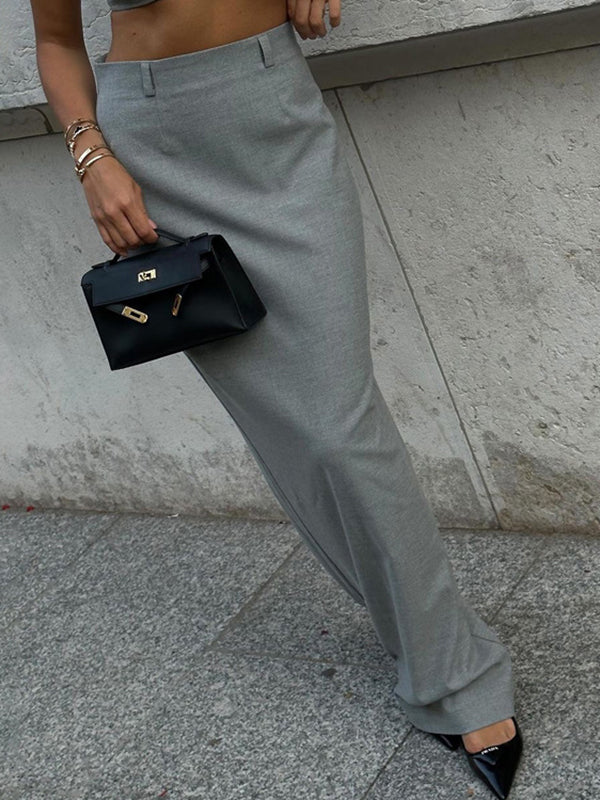 High Waisted Loose No Belt Solid Color Split-Back Split-Joint Zipper Skirts Bottoms - Image 4