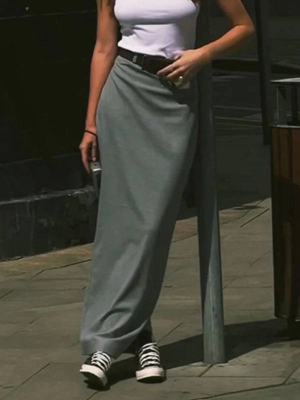 High Waisted Loose No Belt Solid Color Split-Back Split-Joint Zipper Skirts Bottoms - Image 5