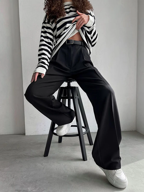 High Waisted Loose No Belt Solid Color Suit Pants Trousers - Image 13
