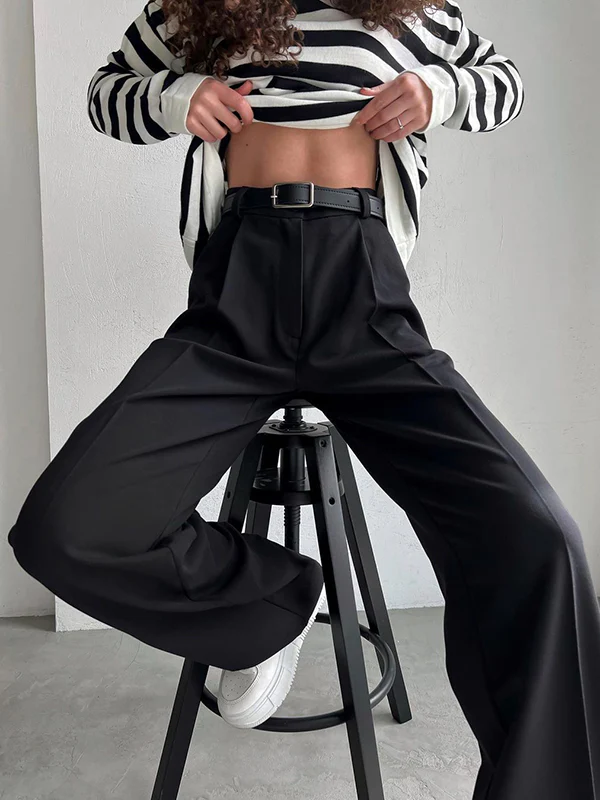 High Waisted Loose No Belt Solid Color Suit Pants Trousers - Image 14