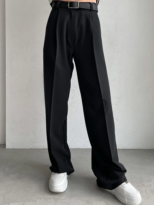 High Waisted Loose No Belt Solid Color Suit Pants Trousers - Image 2